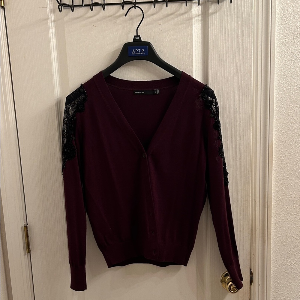 Karen Millen Burgundy Cardigan with Black Lace Detail